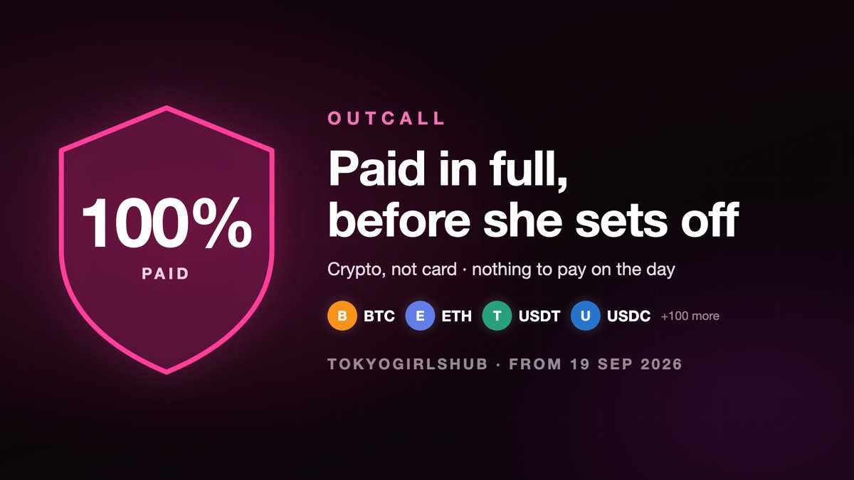A neon-pink shield marked 100% paid with cryptocurrency symbols, for TokyoGirlsHub's outcall payment