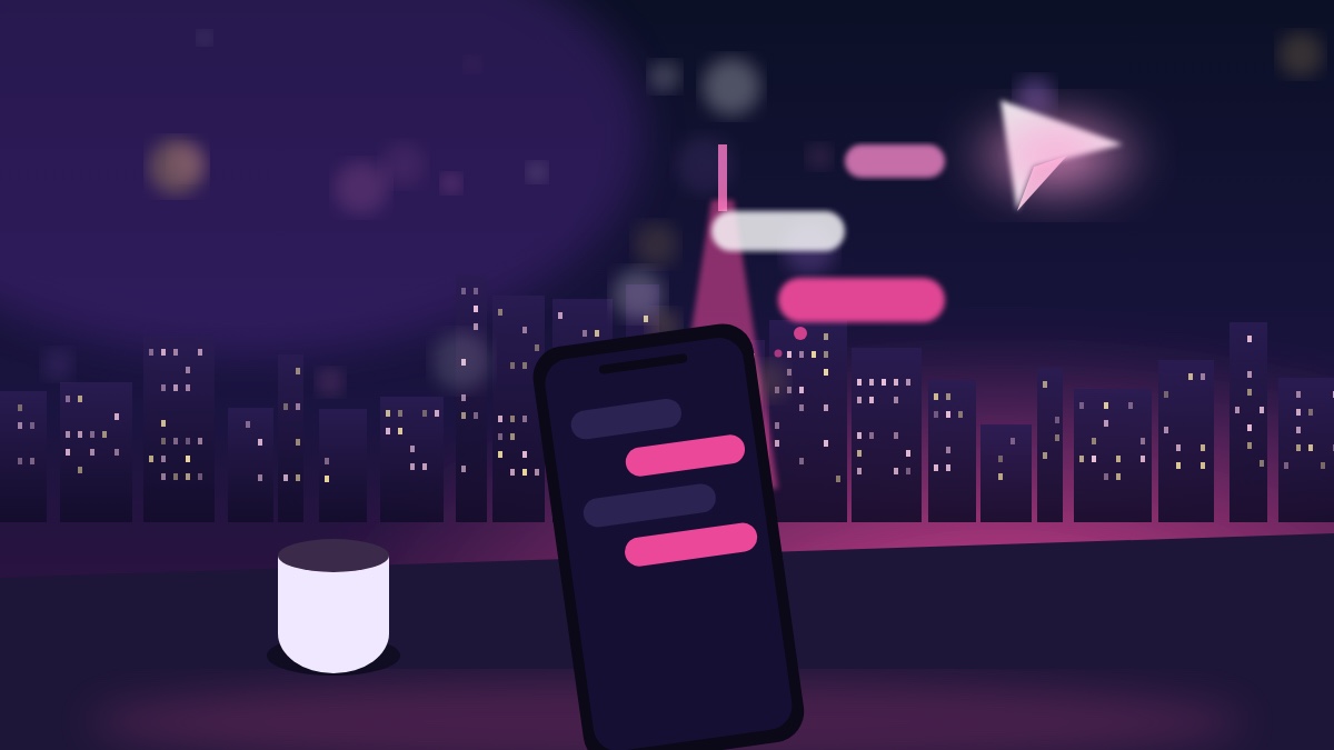 A phone on a cafe table at night with glowing chat bubbles and the Shinjuku skyline behind